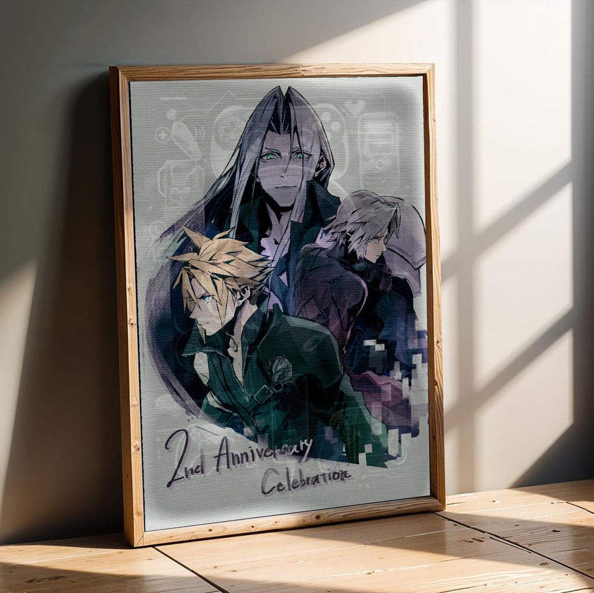 Final Fantasy VII Ever Crisis 2nd Anniversary poster in an oak frame leaning on a wooden floor