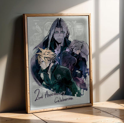 Final Fantasy VII Ever Crisis 2nd Anniversary poster in an oak frame leaning on a wooden floor
