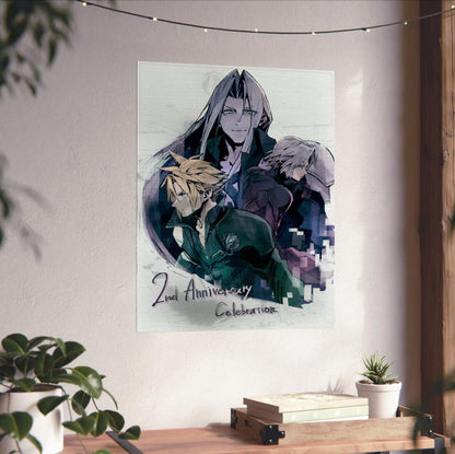 Final Fantasy VII Ever Crisis 2nd Anniversary poster unframed on a white wall above a desk