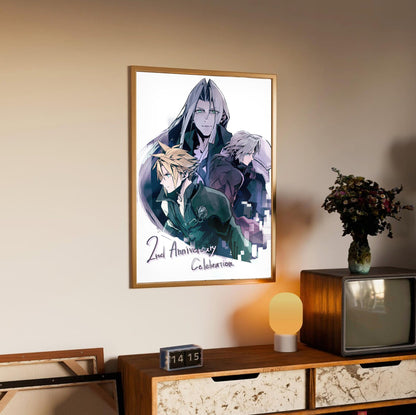 Final Fantasy VII Ever Crisis 2nd Anniversary poster in an oak frame above a sideboard