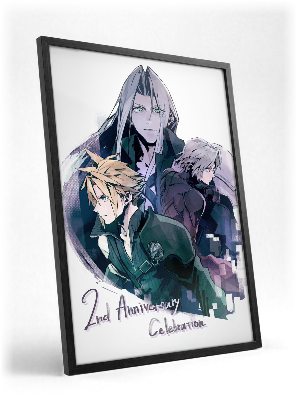 Final Fantasy VII Ever Crisis 2nd Anniversary poster in a black frame with glass leaning against a wall