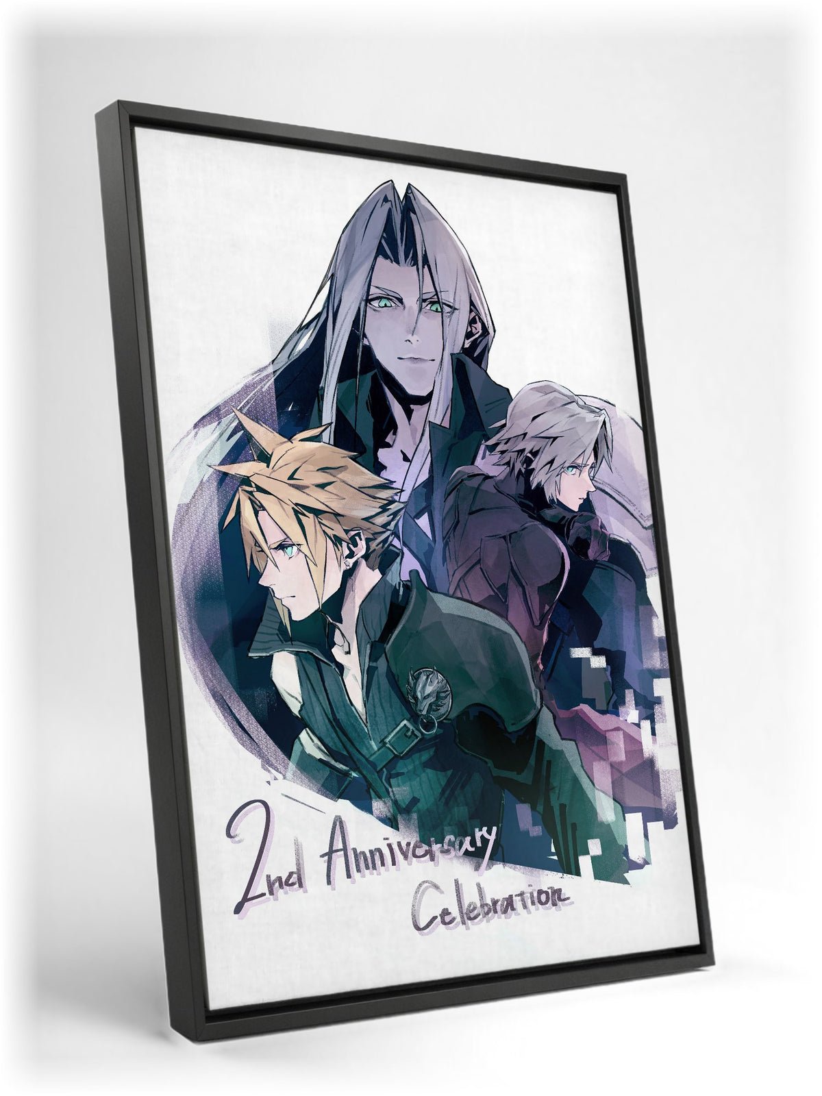 Final Fantasy VII Ever Crisis 2nd Anniversary as a black floater framed canvas leaning against a wall