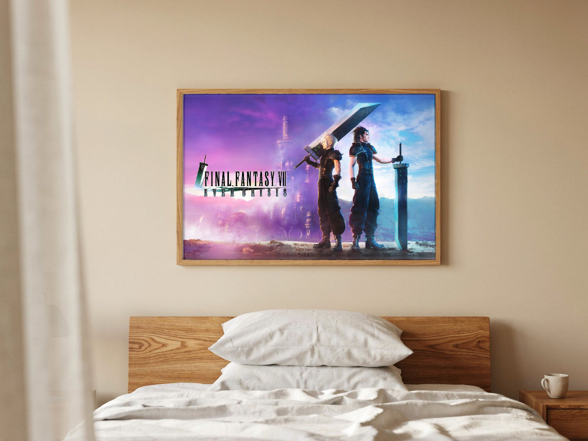 Final Fantasy VII Ever Crisis Key Art poster in a natural oak frame above a bed