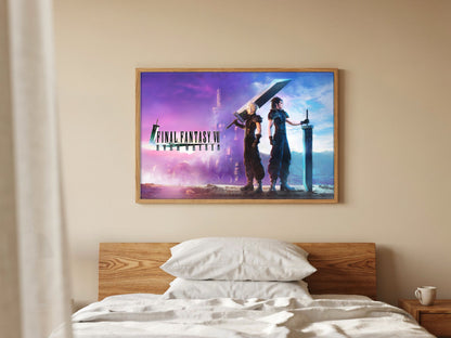 Final Fantasy VII Ever Crisis Key Art poster in a natural oak frame above a bed