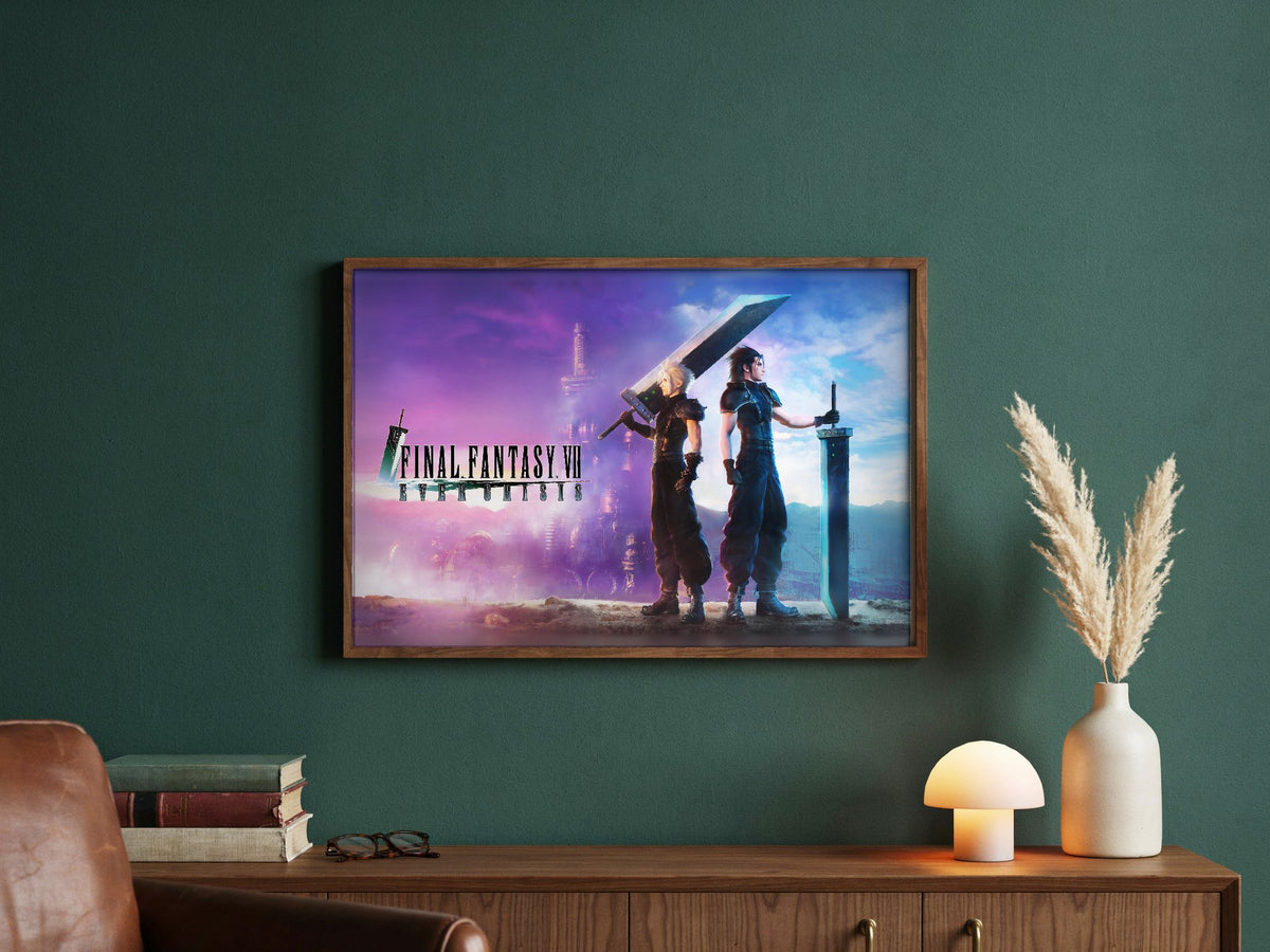 Final Fantasy VII Ever Crisis Key Art poster in a dark walnut frame in a green study