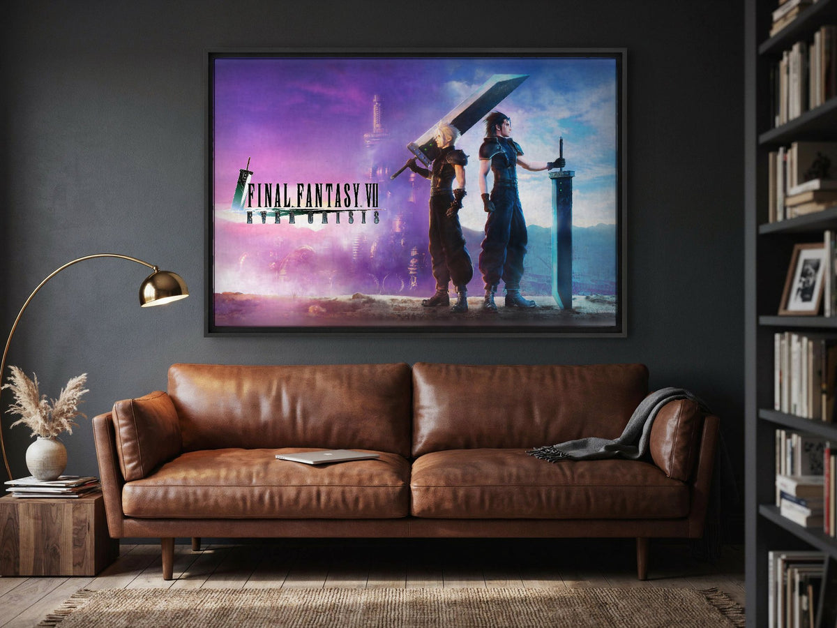 Final Fantasy VII Ever Crisis Key Art as a black floater framed canvas in a media room