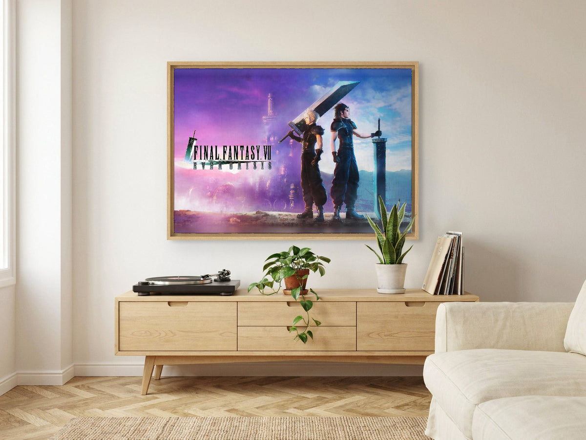 Final Fantasy VII Ever Crisis Key Art as an oak floater framed canvas in a Scandinavian lounge
