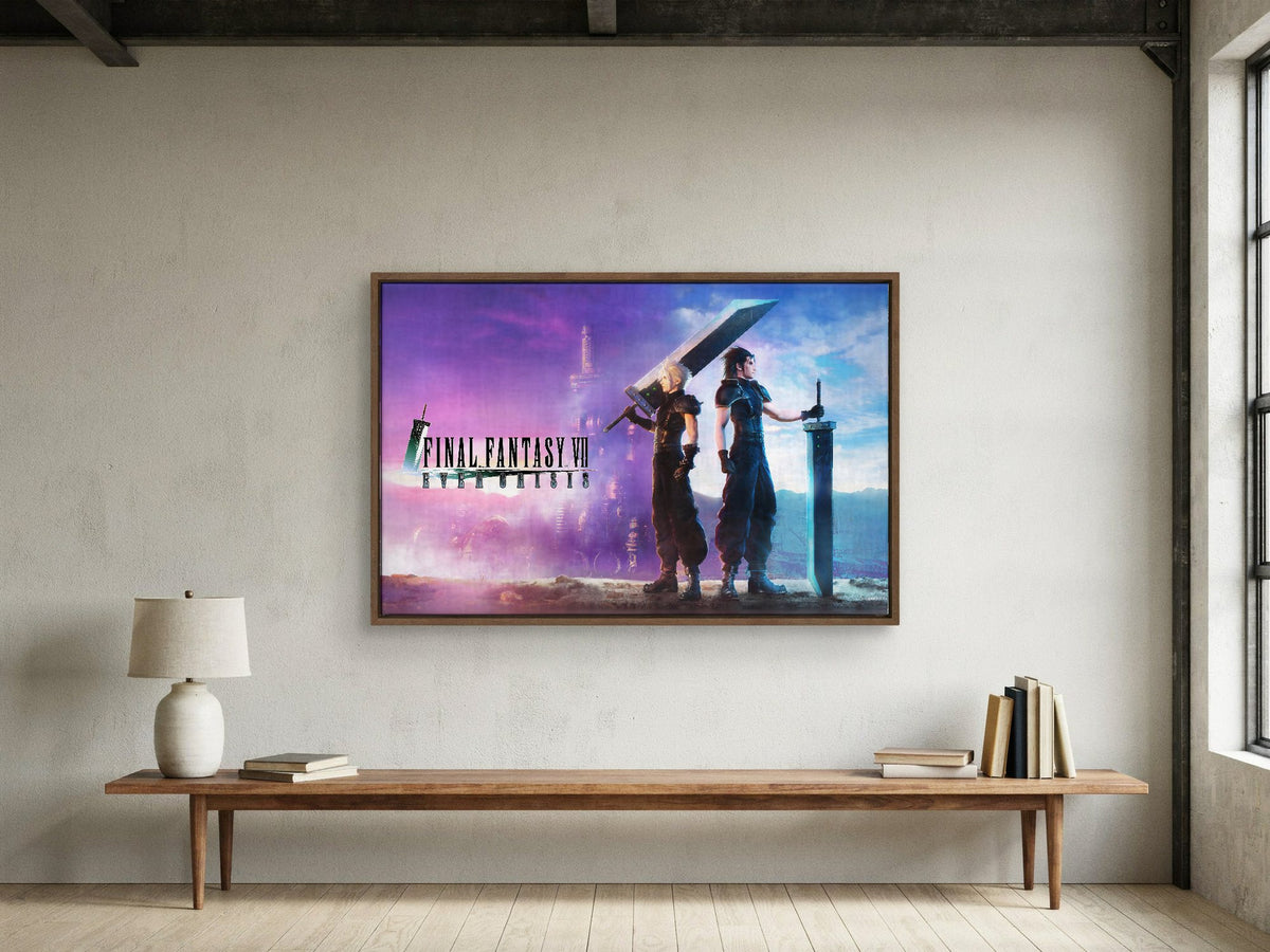 Final Fantasy VII Ever Crisis Key Art as a walnut floater framed canvas in a loft