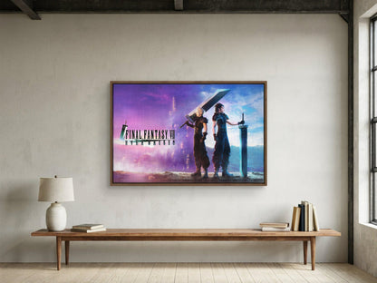 Final Fantasy VII Ever Crisis Key Art as a walnut floater framed canvas in a loft