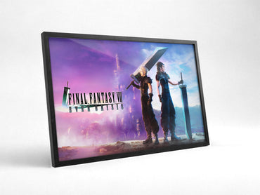 Final Fantasy VII Ever Crisis Key Art poster in a black frame with glass leaning against a wall