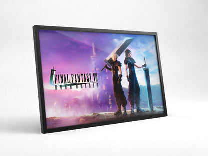 Final Fantasy VII Ever Crisis Key Art poster in a black frame with glass leaning against a wall