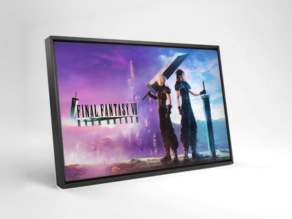 Final Fantasy VII Ever Crisis Key Art as a black floater framed canvas leaning against a wall