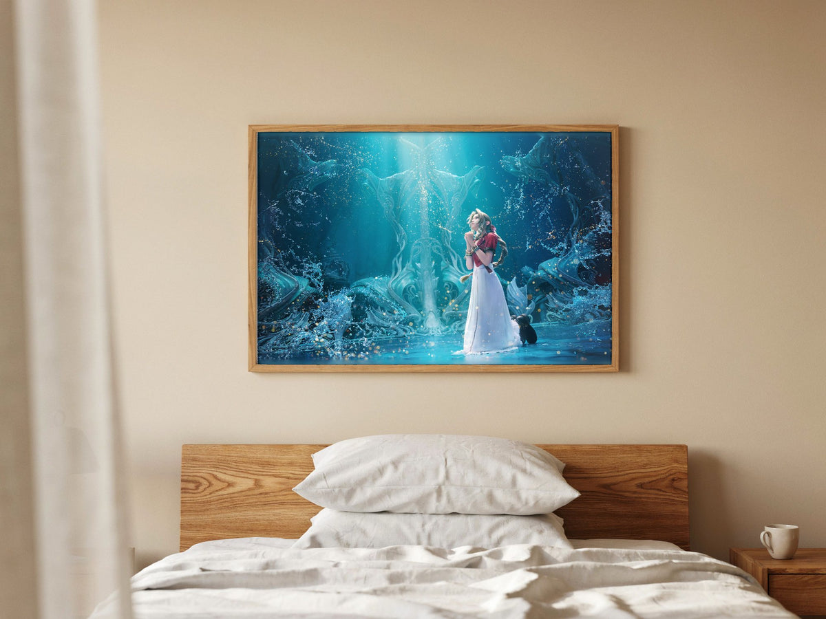 Final Fantasy VII Rebirth Aerith Key Art poster in a natural oak frame above a bed