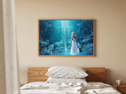 Final Fantasy VII Rebirth Aerith Key Art poster in a natural oak frame above a bed