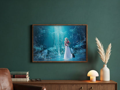 Final Fantasy VII Rebirth Aerith Key Art poster in a dark walnut frame in a green study