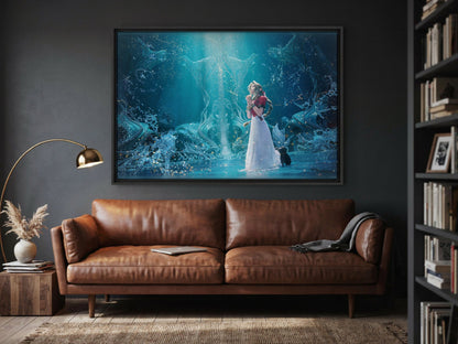 Final Fantasy VII Rebirth Aerith Key Art as a black floater framed canvas in a media room