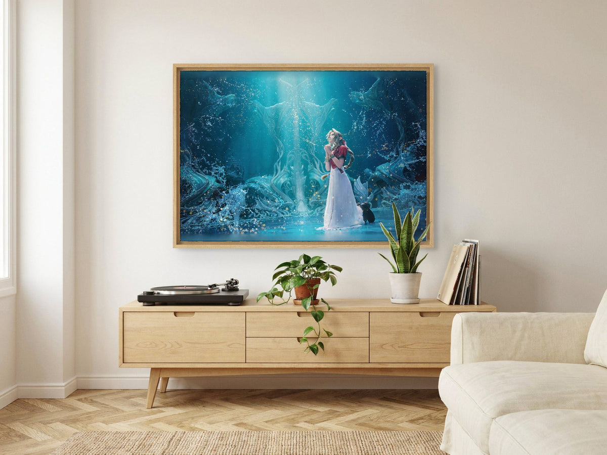 Final Fantasy VII Rebirth Aerith Key Art as an oak floater framed canvas in a Scandinavian lounge
