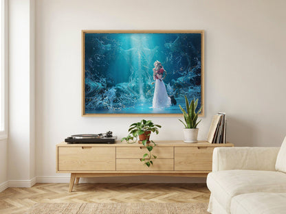 Final Fantasy VII Rebirth Aerith Key Art as an oak floater framed canvas in a Scandinavian lounge