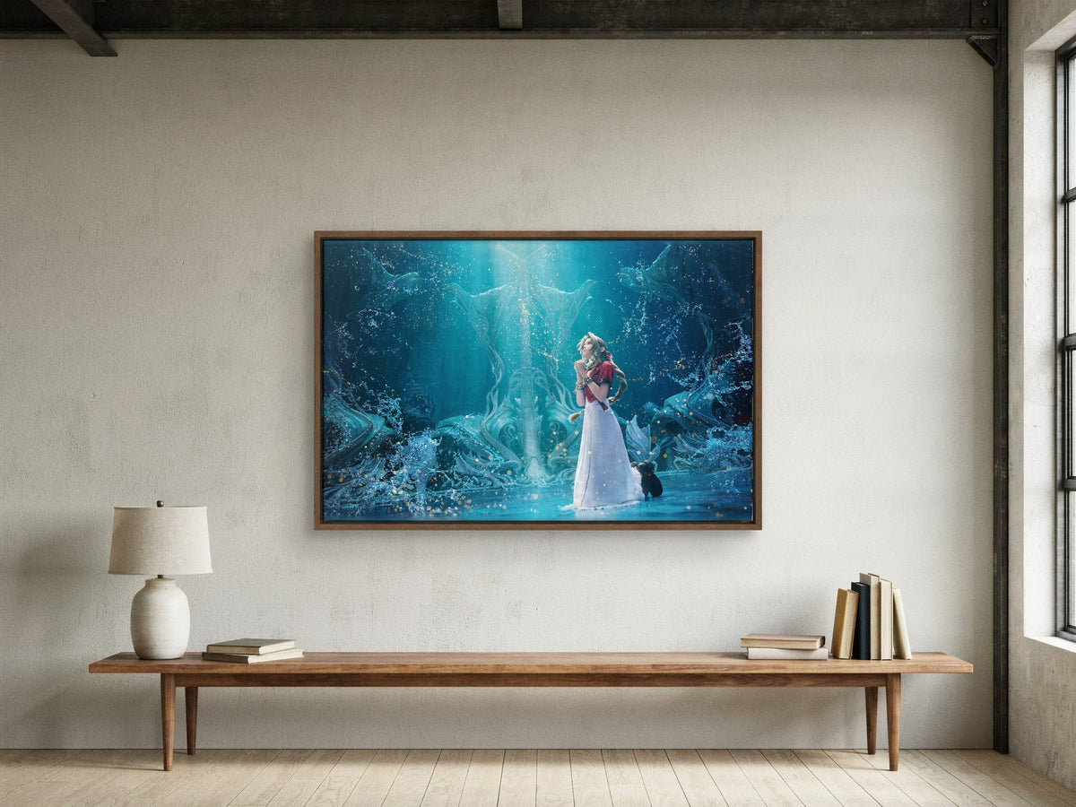 Final Fantasy VII Rebirth Aerith Key Art as a walnut floater framed canvas in a loft