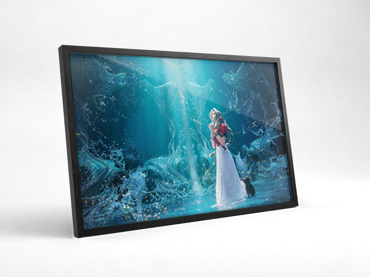 Final Fantasy VII Rebirth Aerith Key Art poster in a black frame with glass leaning against a wall