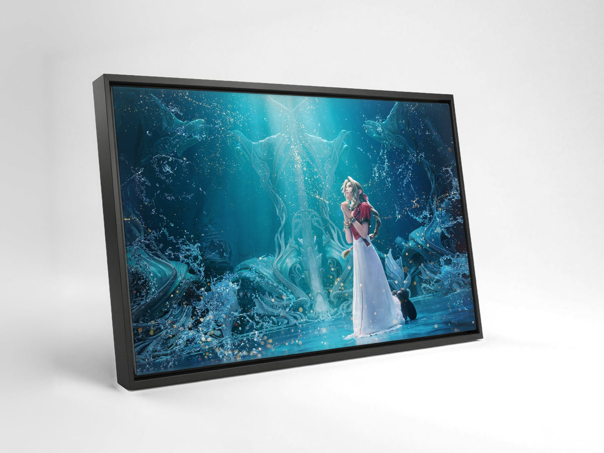 Final Fantasy VII Rebirth Aerith Key Art as a black floater framed canvas leaning against a wall