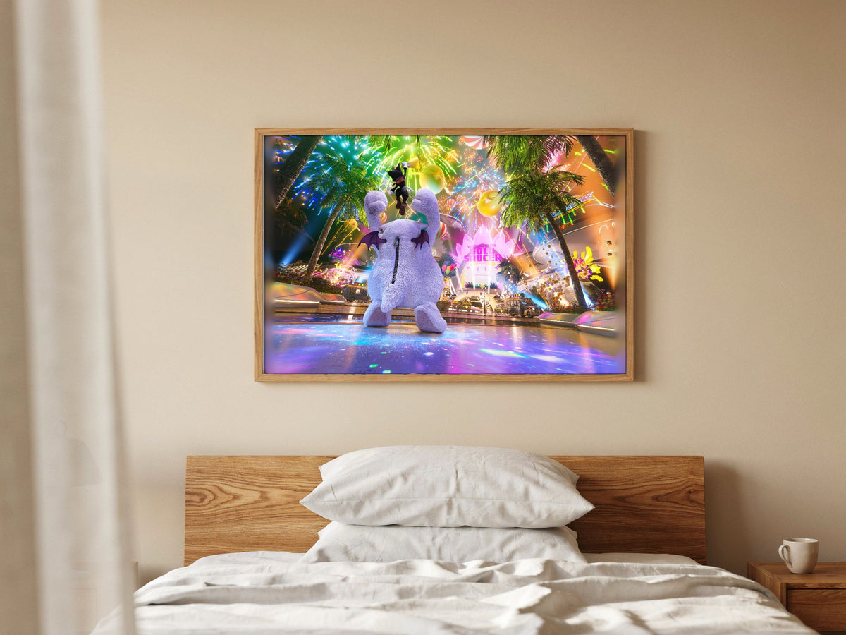 Final Fantasy VII Rebirth Cait Sith Key Art poster in a natural oak frame above a bed