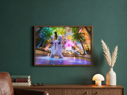 Final Fantasy VII Rebirth Cait Sith Key Art poster in a dark walnut frame in a green study