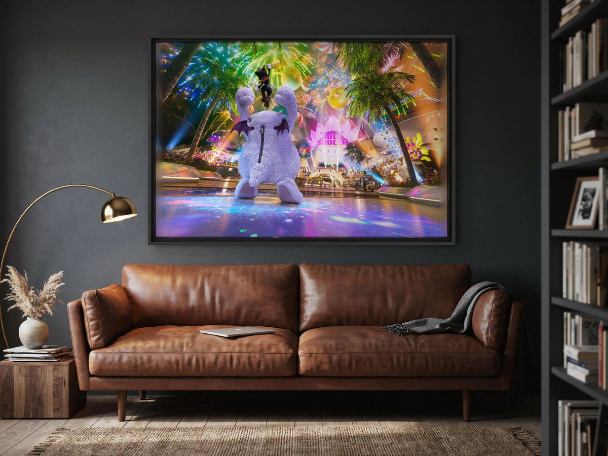 Final Fantasy VII Rebirth Cait Sith Key Art as a black floater framed canvas in a media room