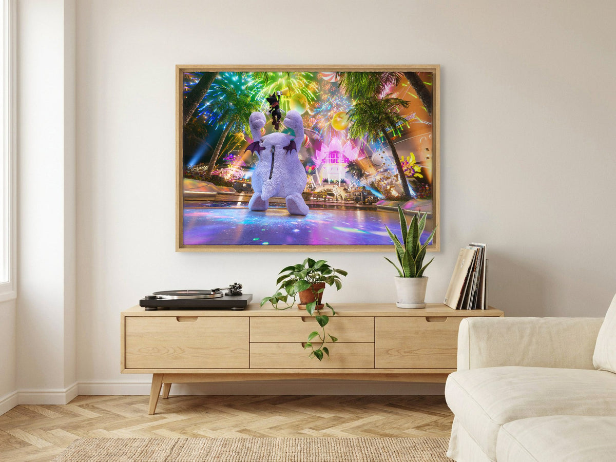 Final Fantasy VII Rebirth Cait Sith Key Art as an oak floater framed canvas in a Scandinavian lounge