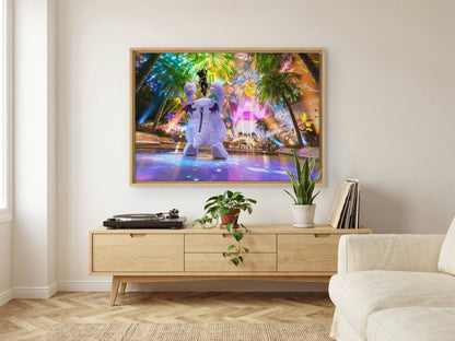 Final Fantasy VII Rebirth Cait Sith Key Art as an oak floater framed canvas in a Scandinavian lounge