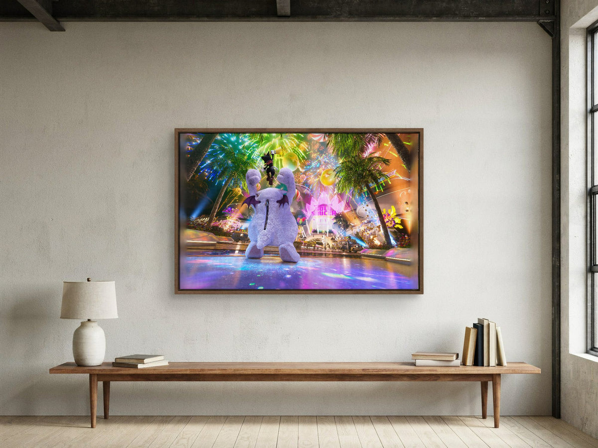 Final Fantasy VII Rebirth Cait Sith Key Art as a walnut floater framed canvas in a loft