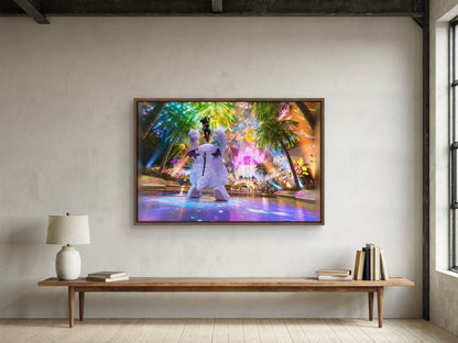 Final Fantasy VII Rebirth Cait Sith Key Art as a walnut floater framed canvas in a loft