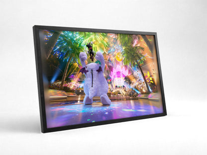 Final Fantasy VII Rebirth Cait Sith Key Art poster in a black frame with glass leaning against a wall