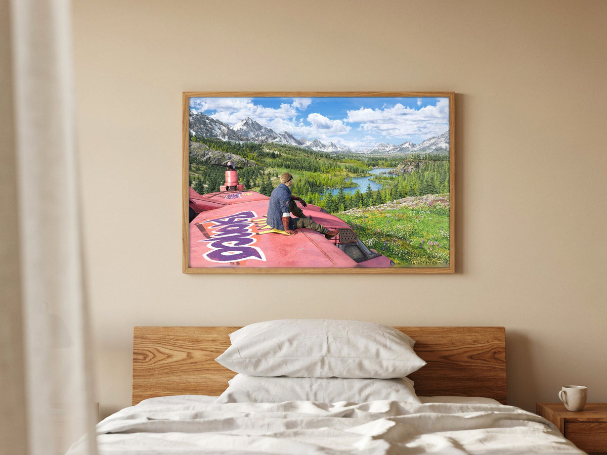 Final Fantasy VII Rebirth Cid Key Art poster in a natural oak frame above a bed