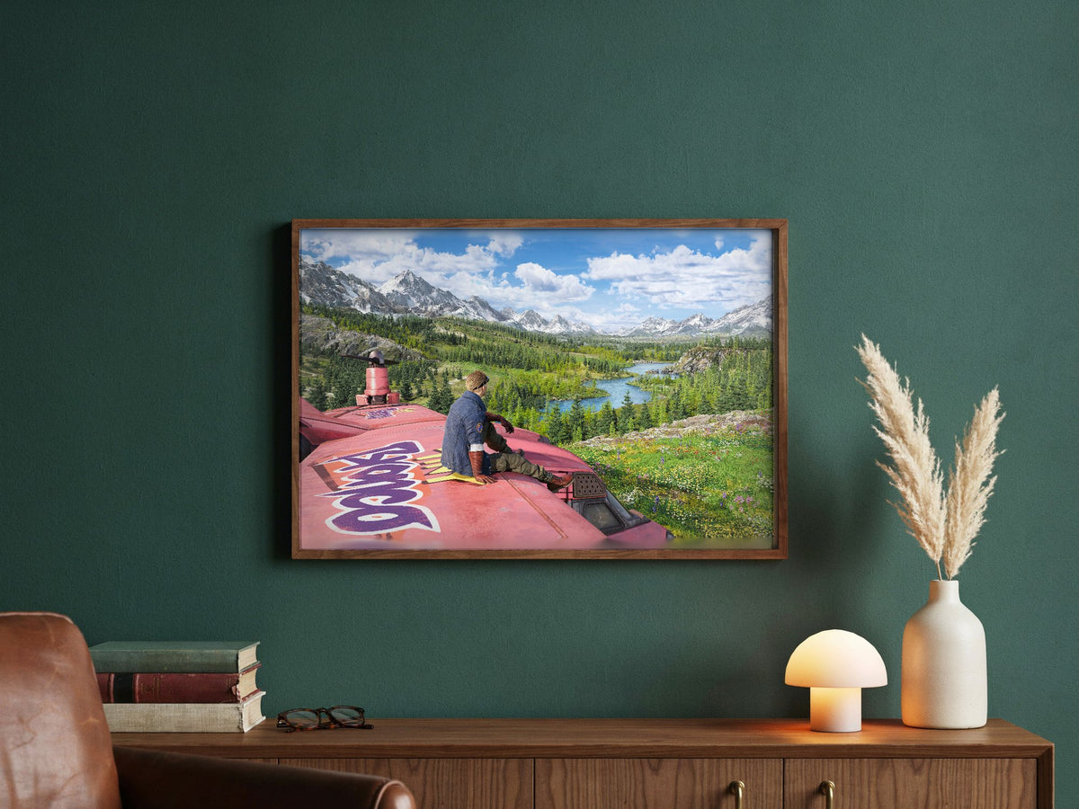 Final Fantasy VII Rebirth Cid Key Art poster in a dark walnut frame in a green study