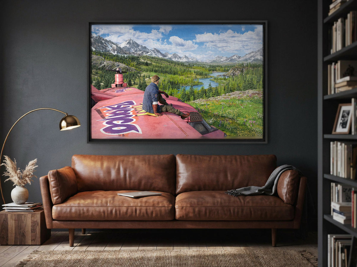 Final Fantasy VII Rebirth Cid Key Art as a black floater framed canvas in a media room