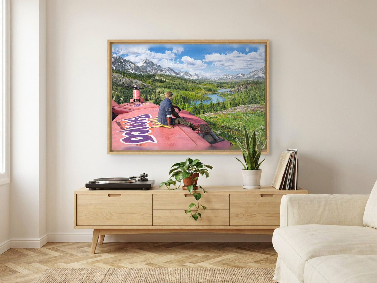 Final Fantasy VII Rebirth Cid Key Art as an oak floater framed canvas in a Scandinavian lounge