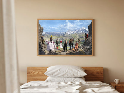 Final Fantasy VII Rebirth Full Party Key Art poster in a natural oak frame above a bed