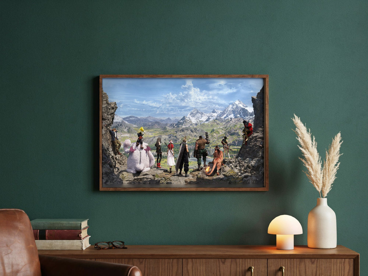 Final Fantasy VII Rebirth Full Party Key Art poster in a dark walnut frame in a green study