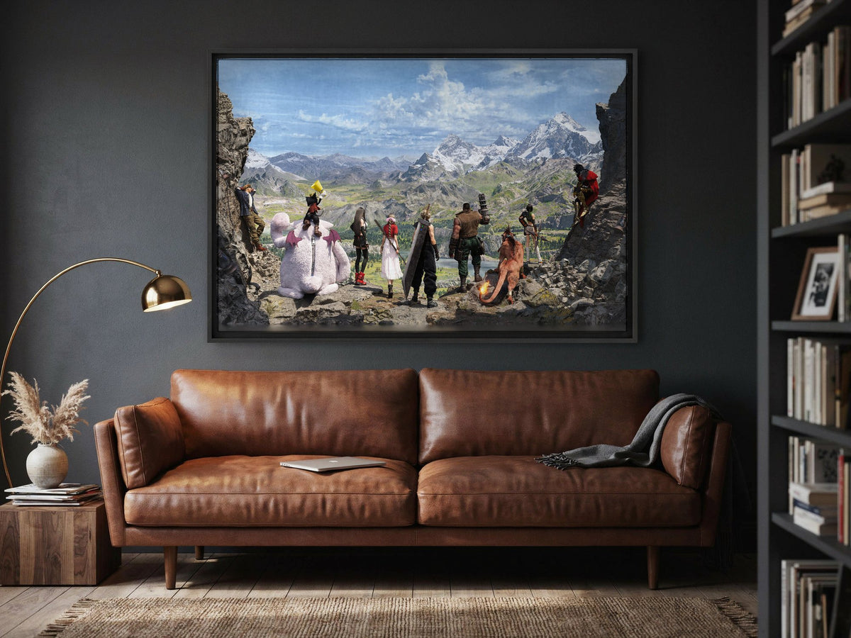 Final Fantasy VII Rebirth Full Party Key Art as a black floater framed canvas in a media room
