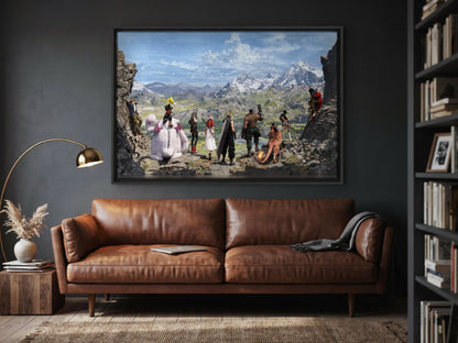 Final Fantasy VII Rebirth Full Party Key Art as a black floater framed canvas in a media room
