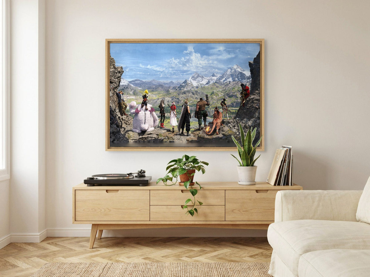 Final Fantasy VII Rebirth Full Party Key Art as an oak floater framed canvas in a Scandinavian lounge