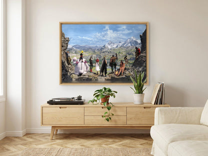 Final Fantasy VII Rebirth Full Party Key Art as an oak floater framed canvas in a Scandinavian lounge