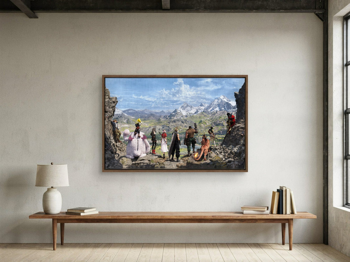 Final Fantasy VII Rebirth Full Party Key Art as a walnut floater framed canvas in a loft
