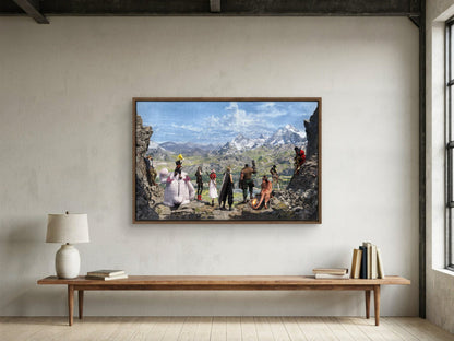 Final Fantasy VII Rebirth Full Party Key Art as a walnut floater framed canvas in a loft