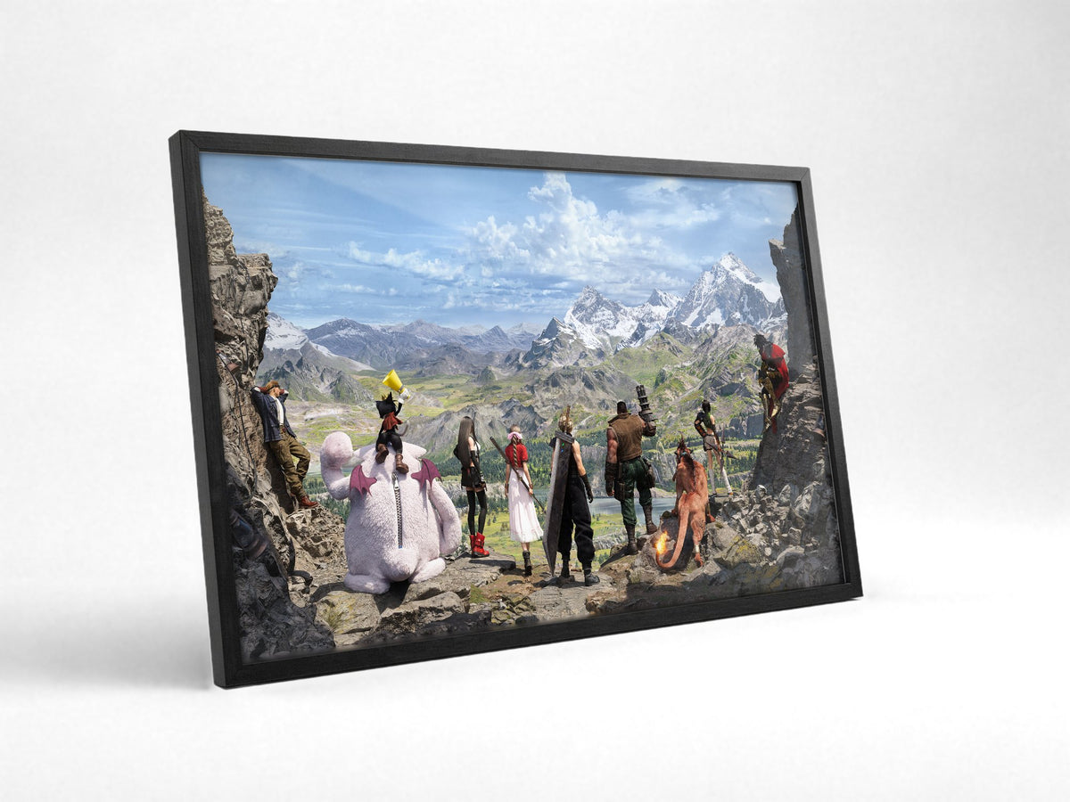 Final Fantasy VII Rebirth Full Party Key Art poster in a black frame with glass leaning against a wall