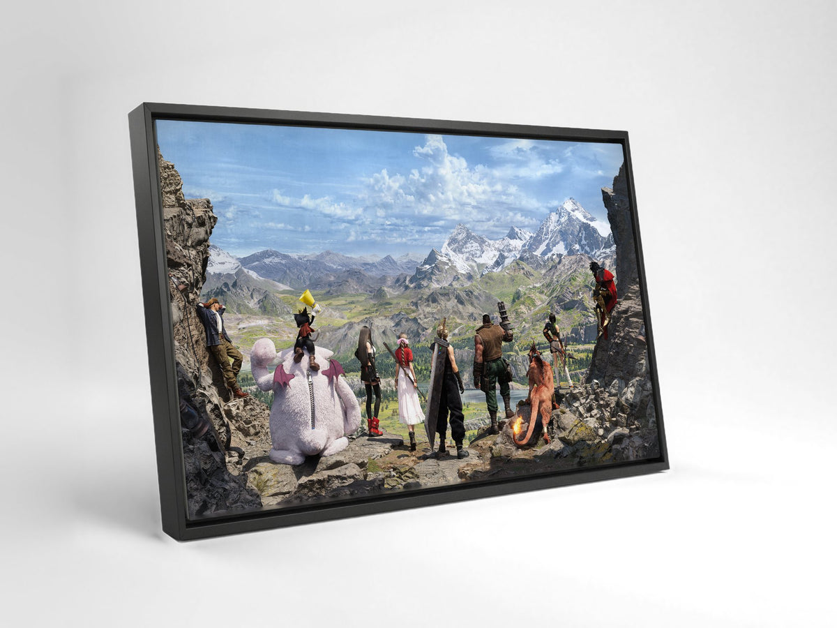 Final Fantasy VII Rebirth Full Party Key Art as a black floater framed canvas leaning against a wall