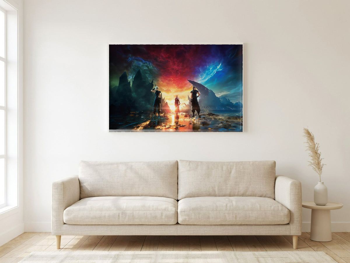 Final Fantasy VII Rebirth Key Art poster in a white frame in a living room