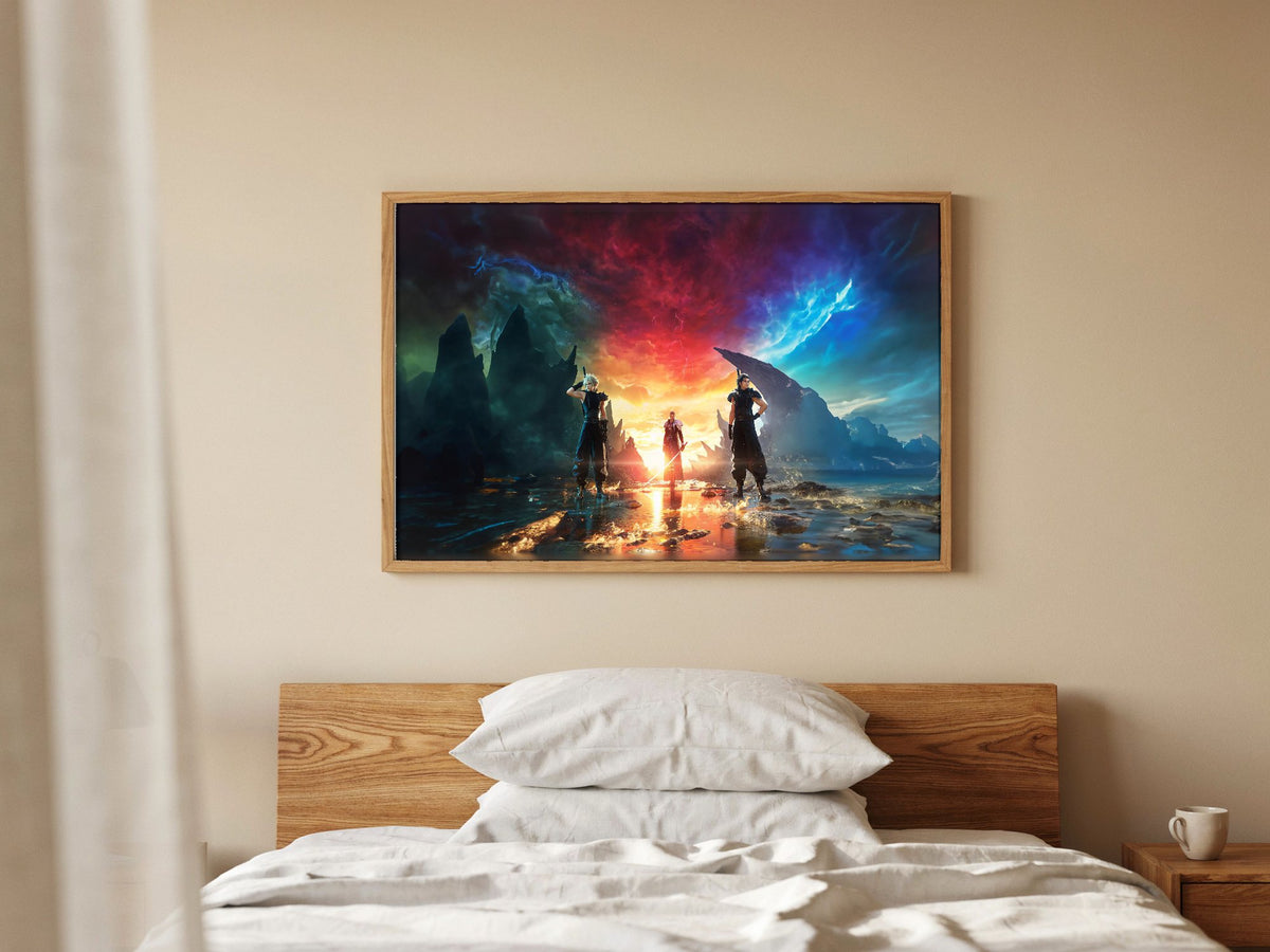 Final Fantasy VII Rebirth Key Art poster in a natural oak frame above a bed