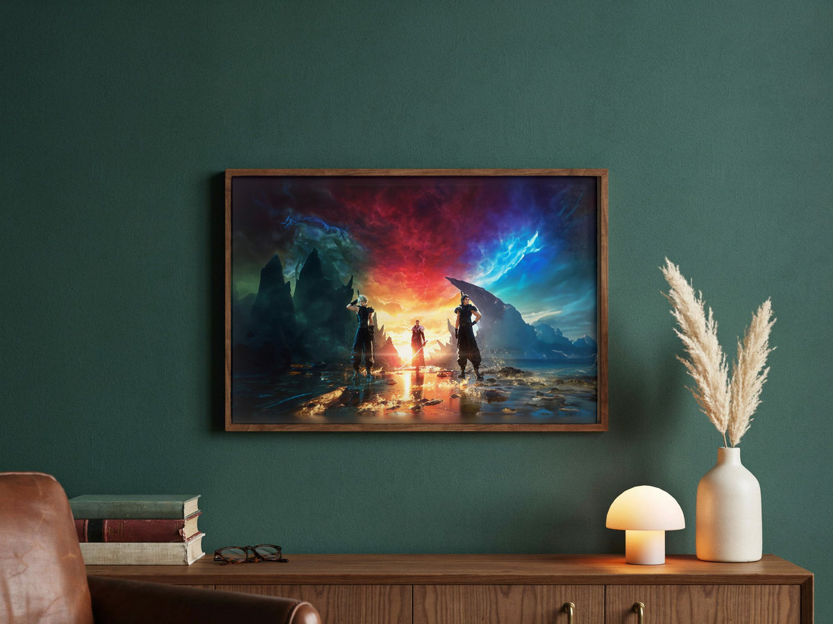 Final Fantasy VII Rebirth Key Art poster in a dark walnut frame in a green study